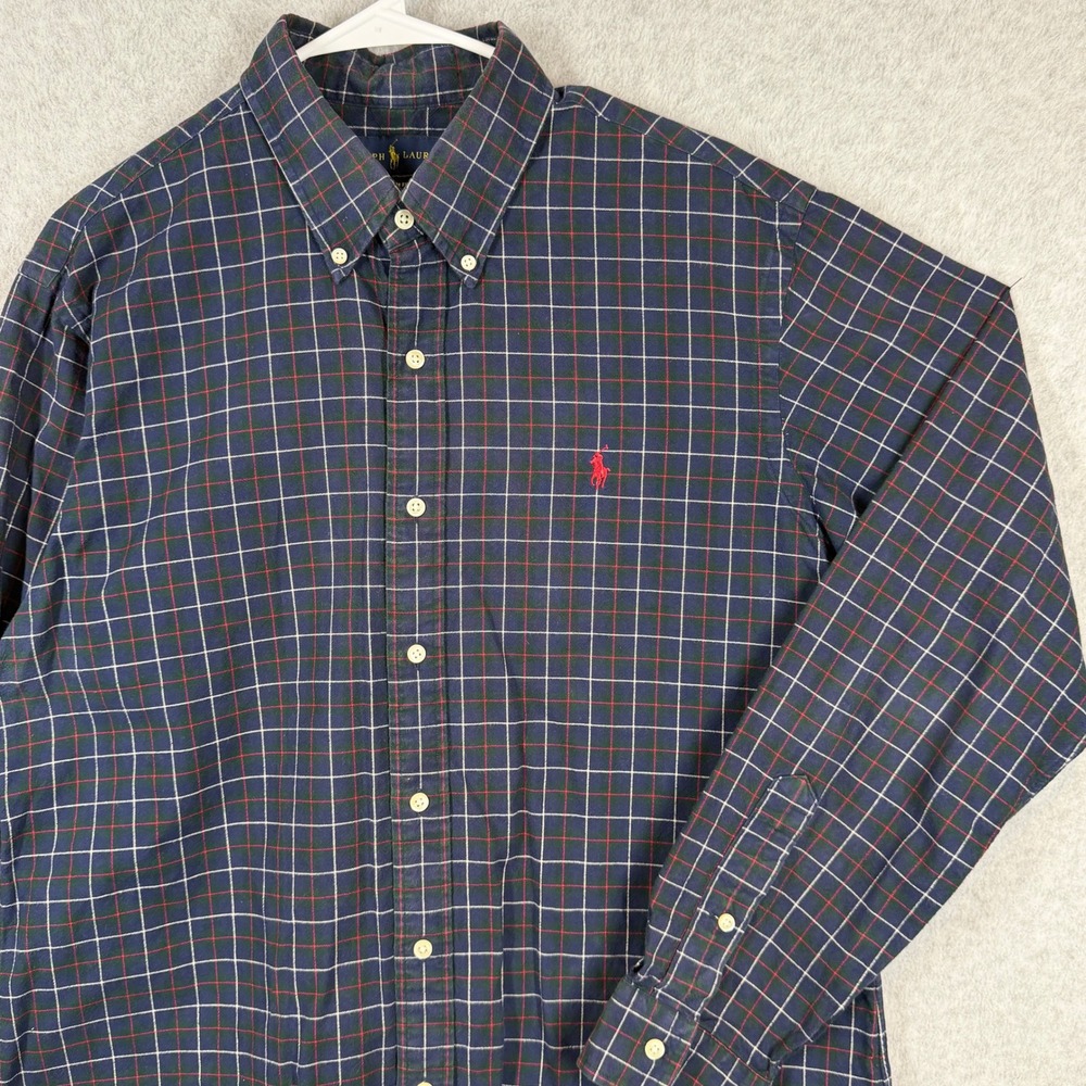 Ralph Lauren Shirt Mens L Blue Plaid Custom Fit Button Down Long Sleeve Pony